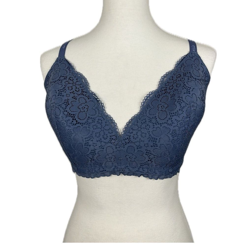 Aerie Lace Wireless Sans Armature Blue Racer Back Wireless Bra Sz 38DD Plunge